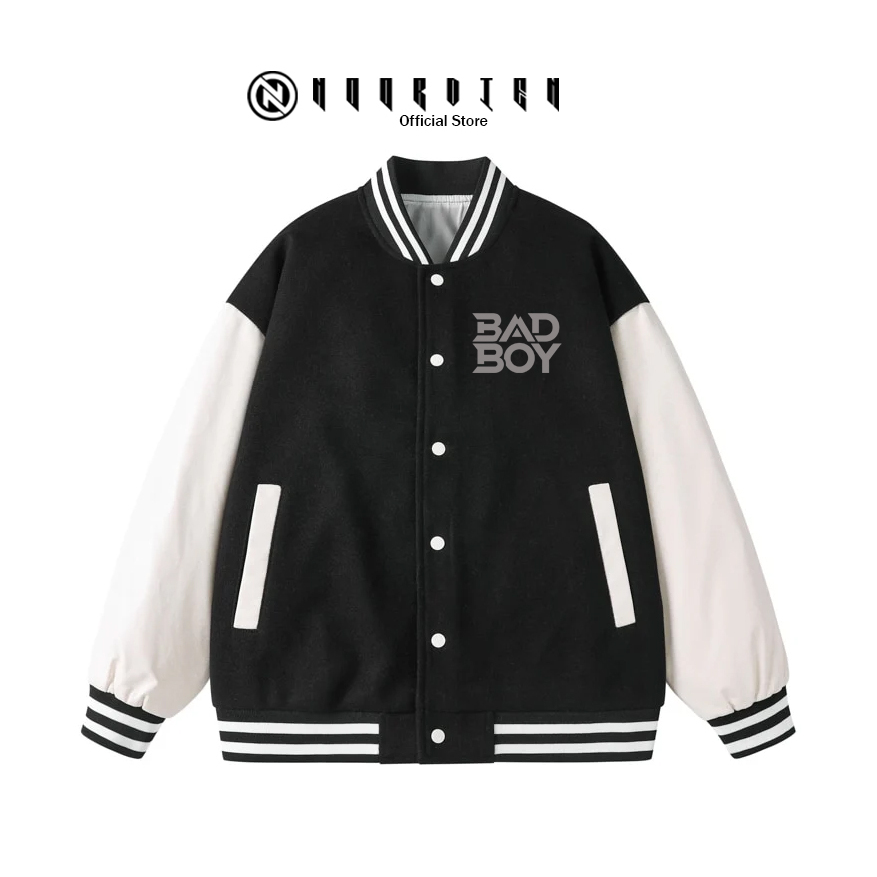 NOORDIEN - Jaket Varsity/Baseball BAD BOY TEXT SILVER Pria-Wanita, Bahan Catton Flace