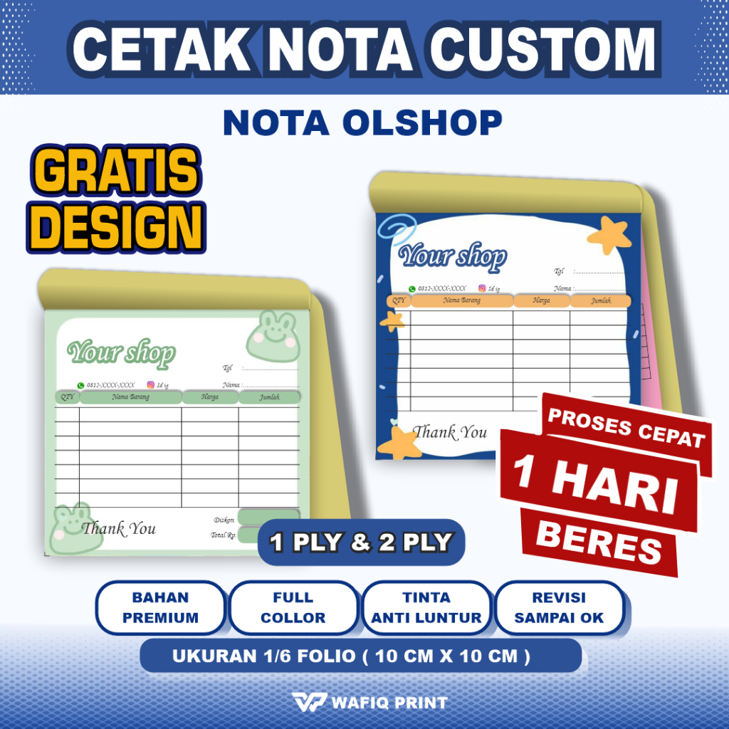 

Nota toko custom olshop full color ukuran 1/6 folio gratis design 1ply/2py buku kwitansi premium v3