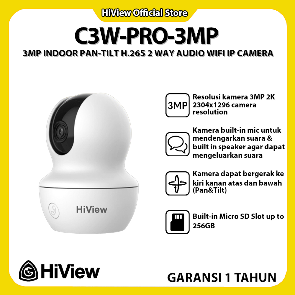 HIVIEW C3W-3MP 3MP INDOOR PAN-TILT H.265 2 WAY AUDIO WIFI