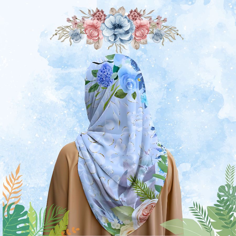 Hijab Motif Bunga dan Hiasan Daun | Hijab voal Biru Premium | Hijab motif terkini