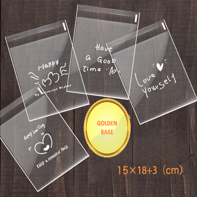 

GBake 100pcs 15x18cm HAPPY plastik roti opp plastik roti motif tebal plastik donat kue