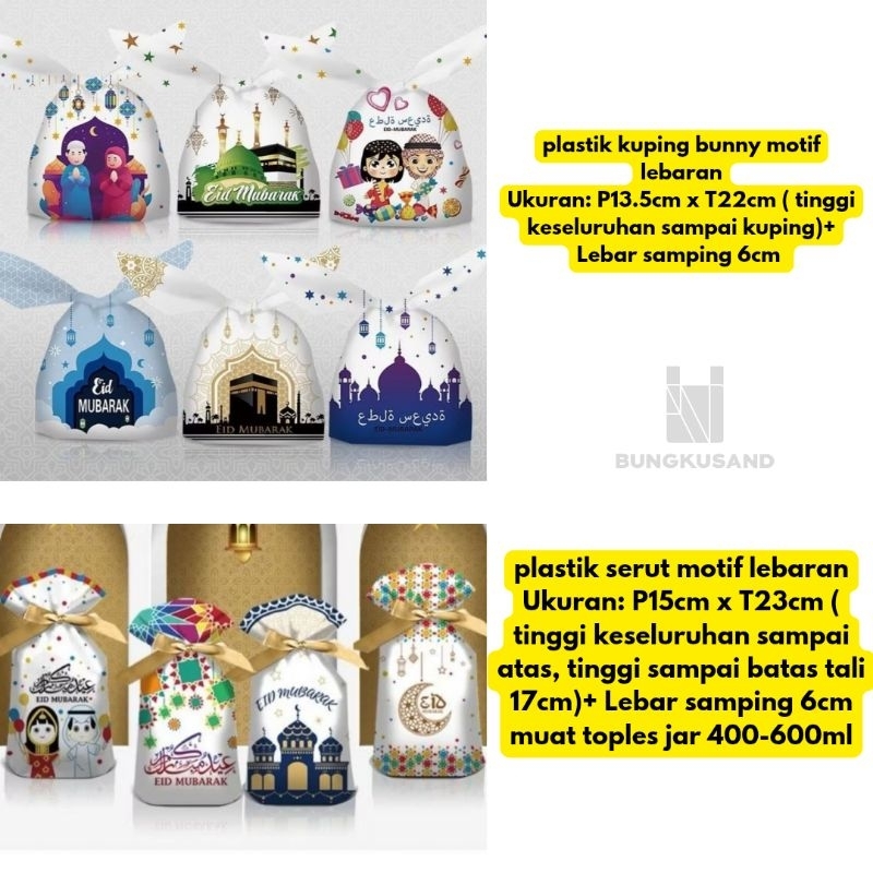 

PLASTIK BINGKISAN LEBARAN IDUL FITRI EID MUBARAK, PLASTIK SERUT BINGKISAN LEBARAN, PLASTIK IKAT KUPING BUNNY MOTIF LEBARAN EID MUBARAK