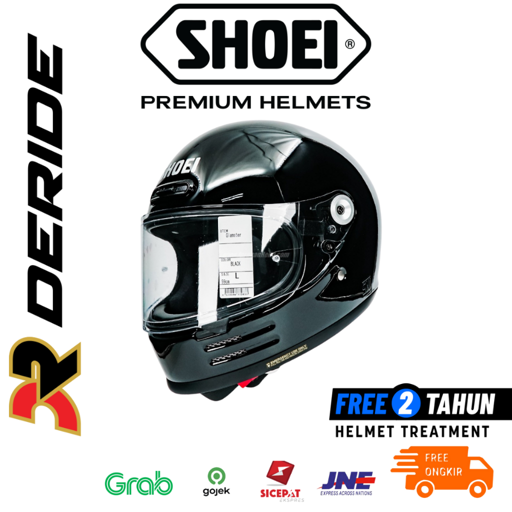 Shoei Glamster Black Glossy Helm Full Face Retro SNI Original