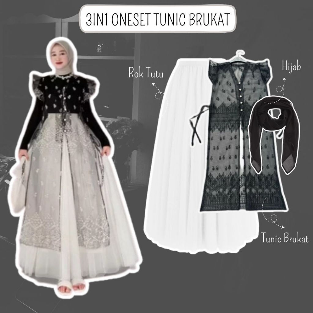 OneSet Outer Tunik Brukat Kondangan 3in1 Tunic Brukat+Rok tutu+Hijab Ootd Outer wisuda/Lebaran