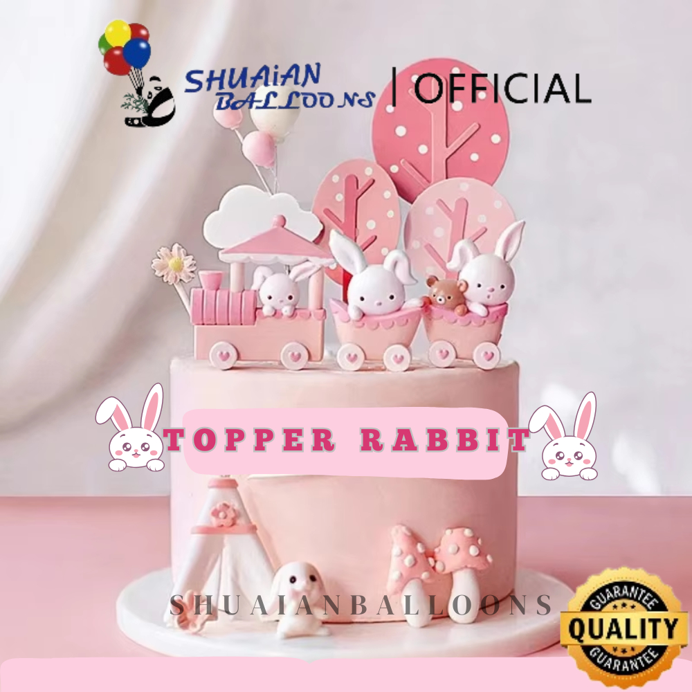 SHUAIAN Cake Topper Kereta Kelinci Bunny Pink Awan Toper Kue Ulang Tahun Dekorasi Kue Ulang Tahun An