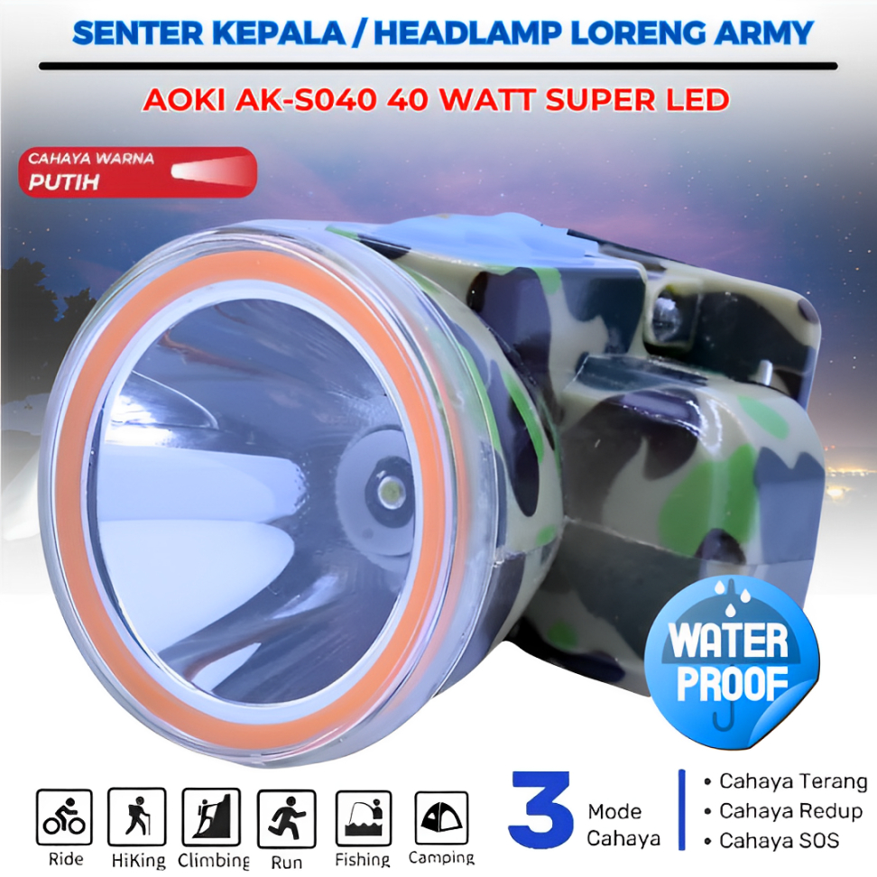 Senter Kepala / Headlamp AOKI AK-S040 40 WATT Waterproof - TAHAN HINGGA 10 JAM - Senter kepala LED S