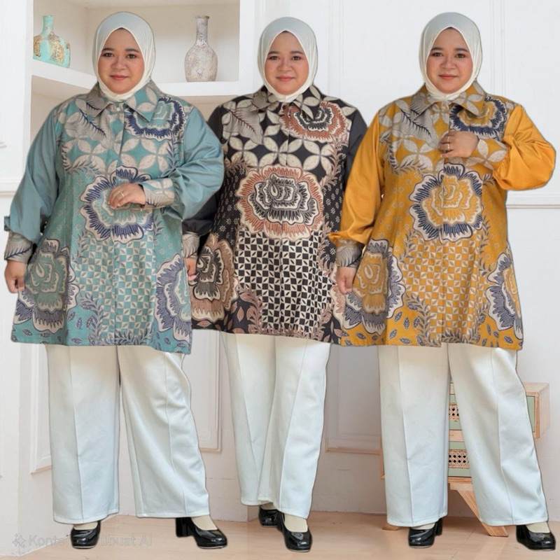 ATASAN BATIK KERJA WANITA JUMBO BIG SIZE LD 120 130 140 150 CM KANCING DEPAN Kerah Katun  Formal Toy