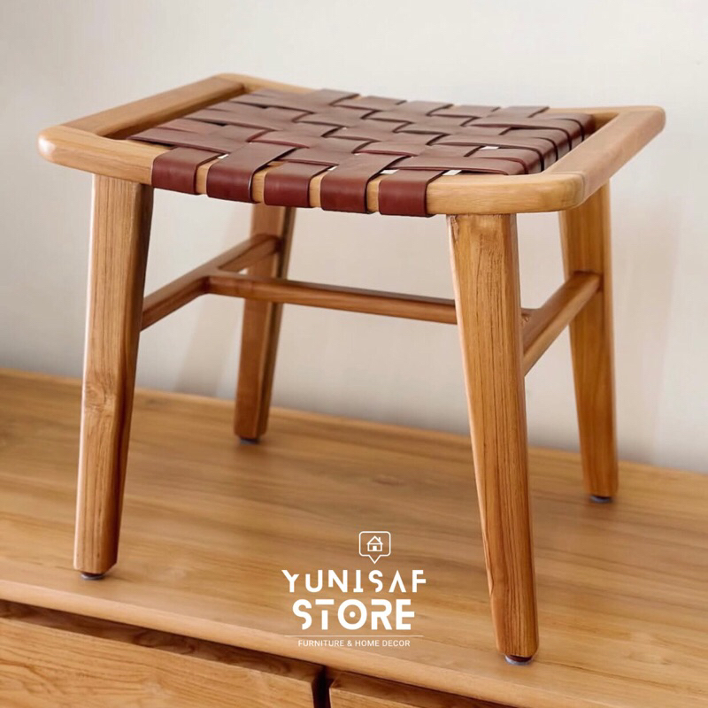 Stool Kayu Jati Kombinasi Kulit Asli
