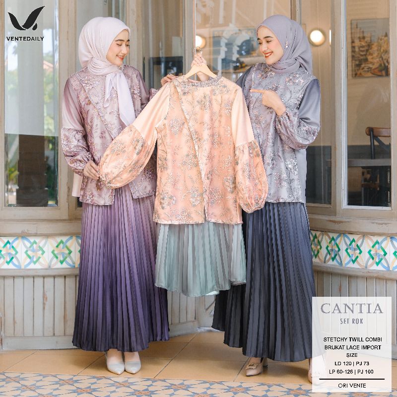 New Cantia Set Rok Setelan Tunik & Rok Gradasi Cantik Bahan Sketchy Twill Mix Brukat Lace Set Baju M