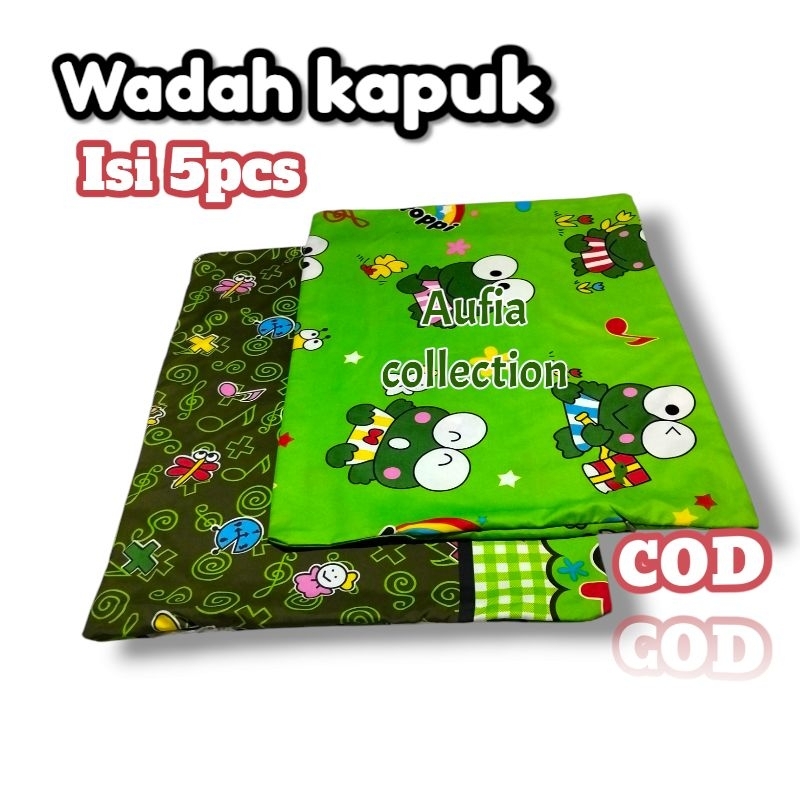 Sarung Kapuk Bantal Dan Guling 1 Set Isi 5 Pcs Motif Keropi Warna Hijau Pakai Resleting Atau Dijahit