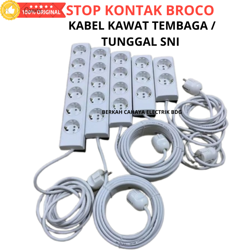 BROCO stop kontak broco 1-6 lubang kabel tunggal NYM 2x1 5 SNI panjang 1-10 meter rakitan siap pakai
