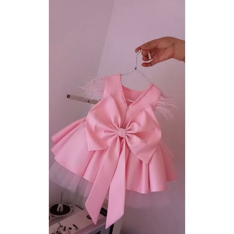 DRESS ANAK PEREMPUAN MEGAR GAUN PESTA ANAK AKSEN MUTIARA DRESS LENGAN BULU BULU