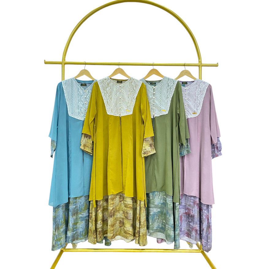 Mutia Dress | Gamis Layer Matt Rayon Motif Mix Ceruty Warna dan Matt Rayon Mix Ceruty Hitam Polos