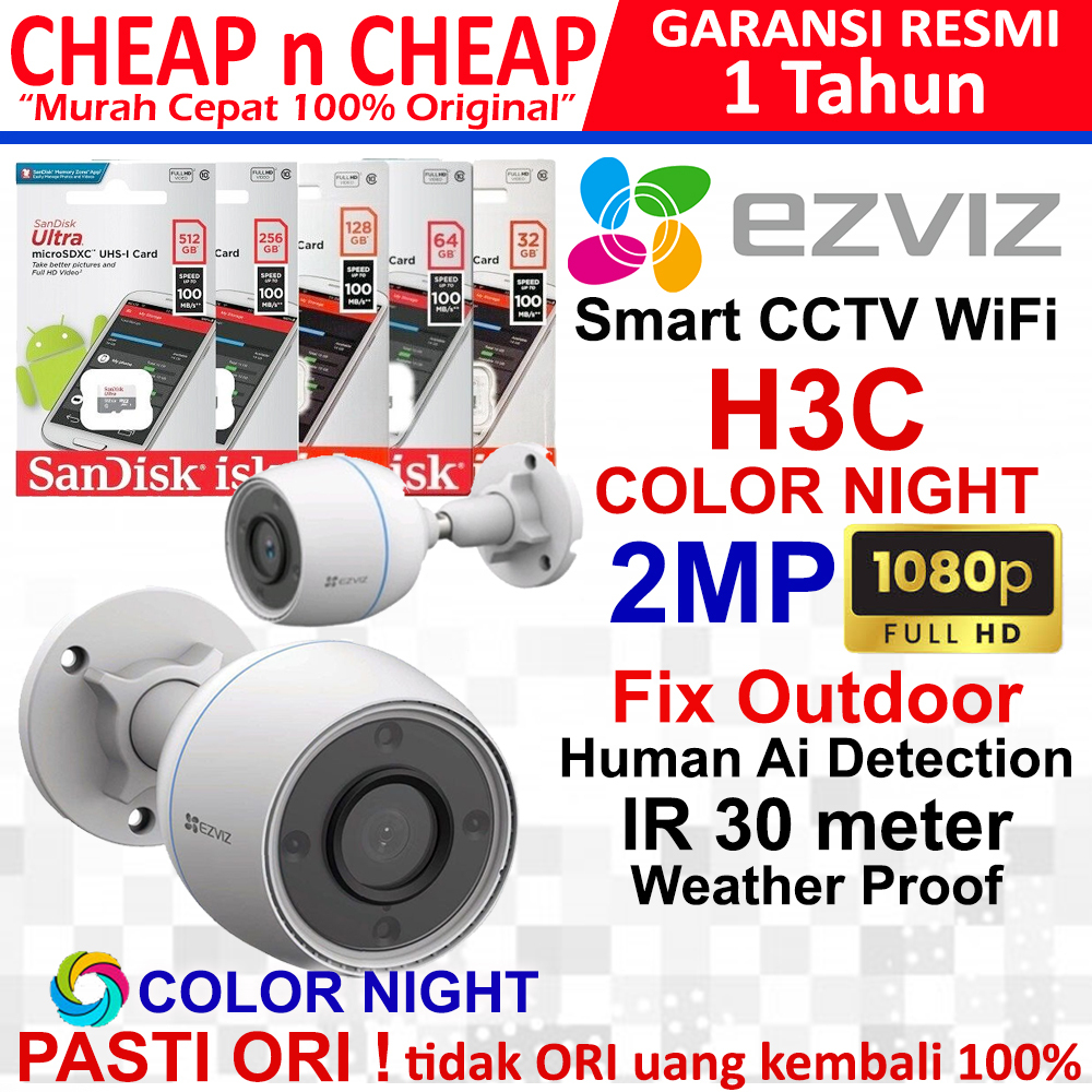 Ezviz H3C 2MP 1080P Color Night Vision Outdoor C3N Smart CCTV Wifi Wireless Camera IP Cam Hikvision 
