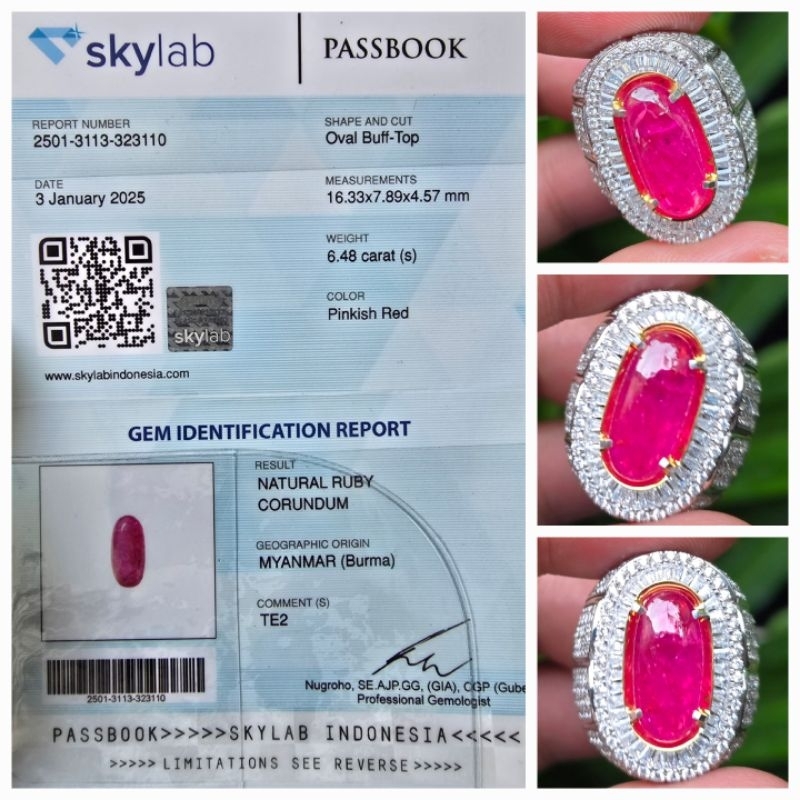 Natural Pinkish Red Ruby Burma Myanmar Sertifikat 6.48 crt