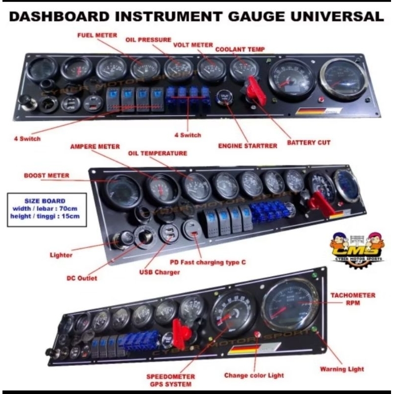 Speedometer Dashboard instrument gauge universal Tachometer rpm water temperature oil temp fuel volt