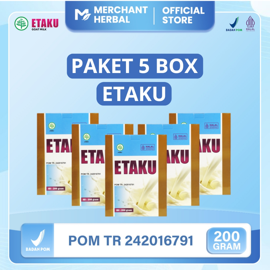 

Merchant Herbal - Paket 5 Box Etaku Goat Milk Susu Bubuk Kambing Etawa Murni Sudah Bpom & Halal Mui - Isi 1000 Gram
