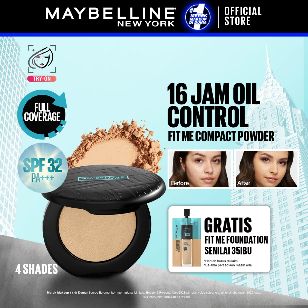 MAYBELLINE OFFICIAL Fit Me Matte + Poreless 16 Jam Oil Control Compact Powder SPF 32 PA+++ Make Up B