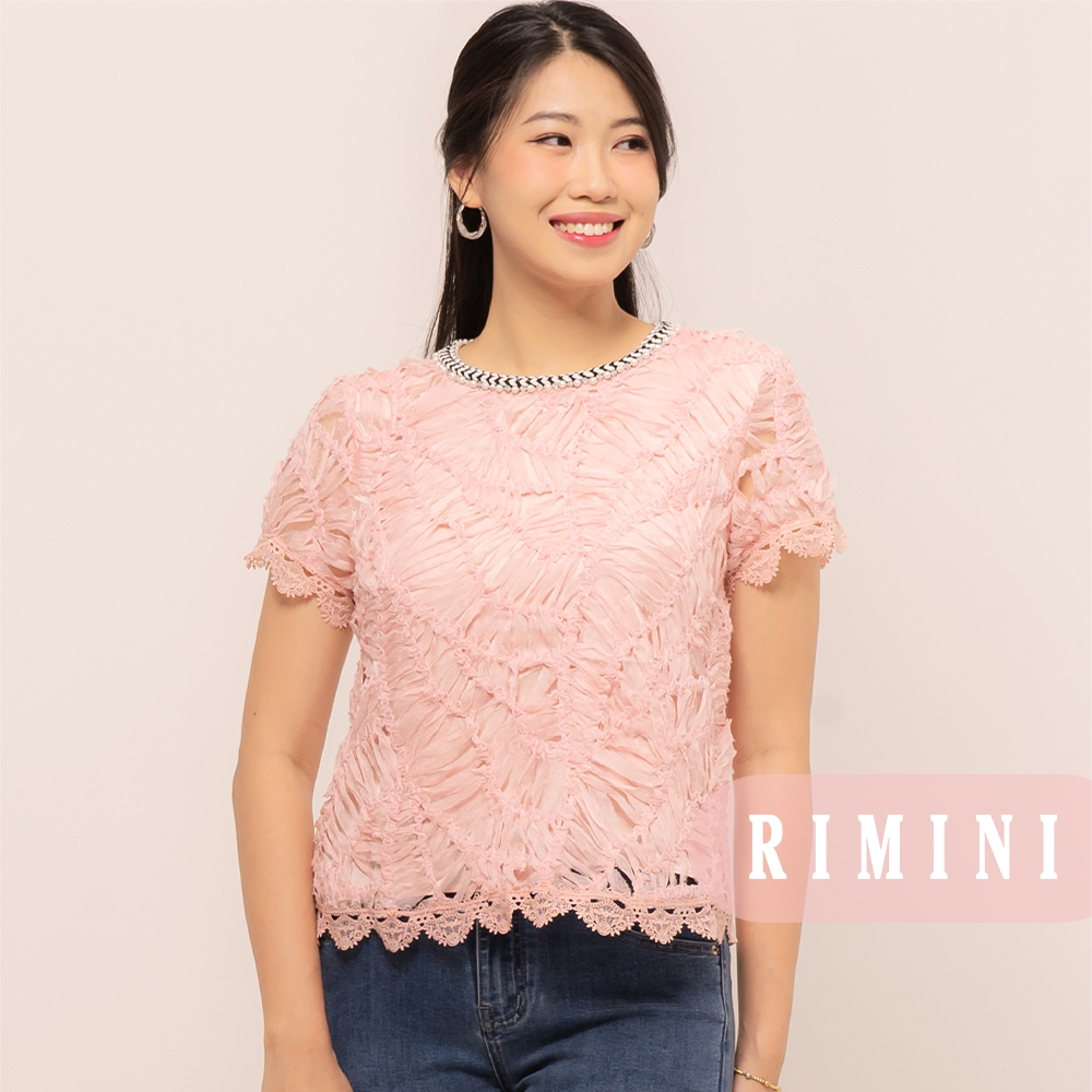RIMINI - Ravena Top CC30452 Atasan Blus Brokat Wanita Lengan Pendek Round Neck Mutiara Outfit Formal