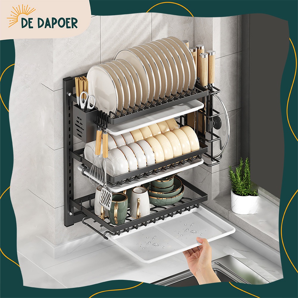Rak Dapur Gantung Lemari Piring Tempel Dinding Tempat Penyimpanan Mangkok Gelas Spatula Stainless 2