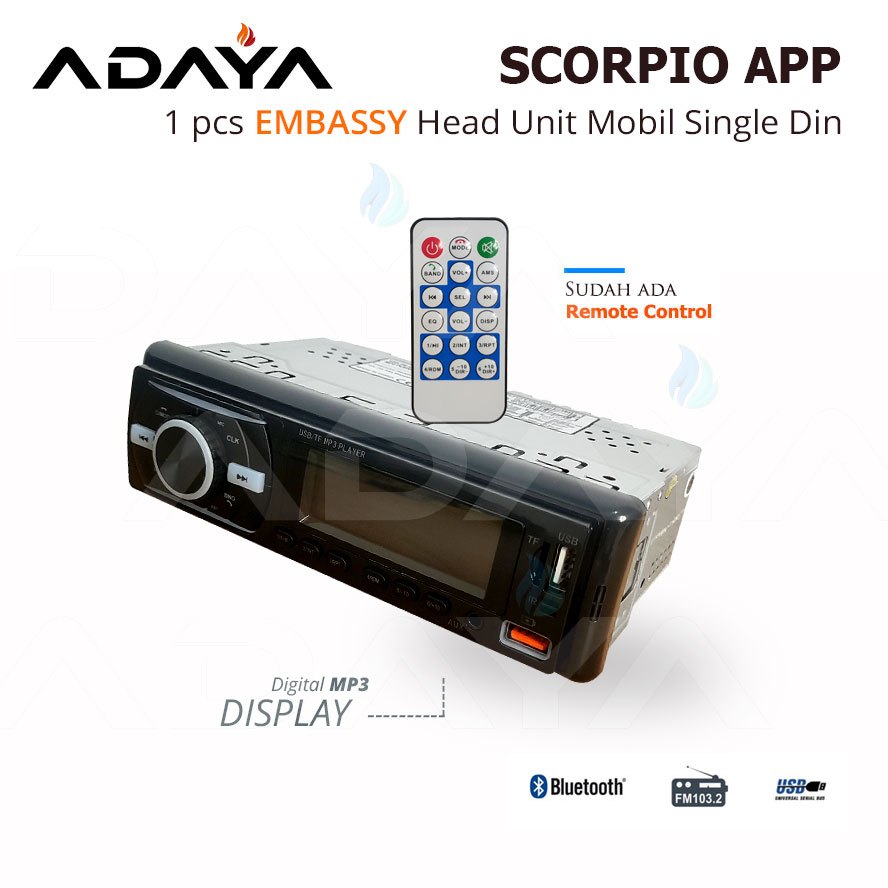HEAD UNIT MP3 MOBIL SINGLE DIN DECKLESS APP RADIO USB BLUETOOTH EMBASSY Scorpio / Sanba