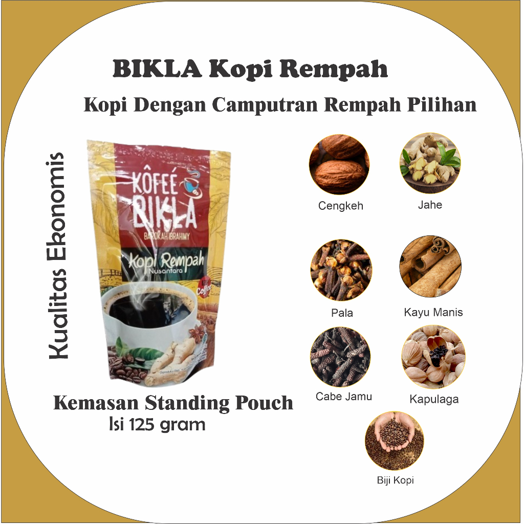 

Bikla Kopi Rempah Kemasan Standing Pouch 100% dari Biji Asli