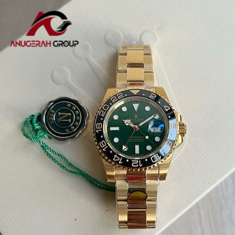 JAM ROLEX GMT MASTER II GREEN GOLD 40MM AUTOMATIC SAPPHIRE BODY SWISS ORI PREMIUM