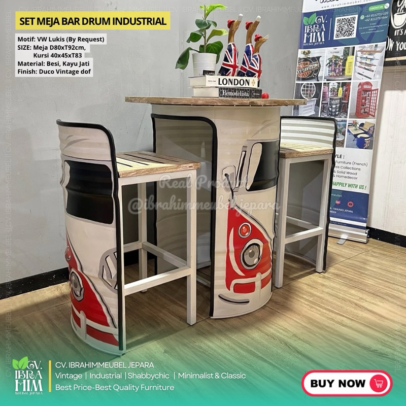 Set Meja Bar Drum Industrial motif VW