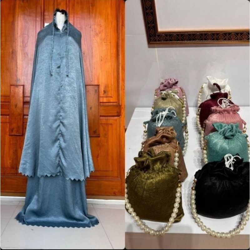 Mukenah Mewah Dewasa 2in1 Silk Santorini Laser Tas Mutiara/Mukenah Sinar Santorin Tas Mutiara