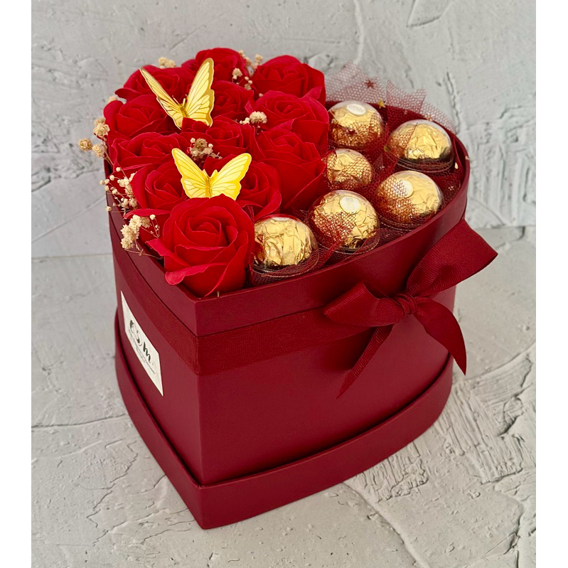 ESMGIFTS - BUTTERFLY LOVE - Bloom Flower Ferrero Box/ Soap Flowers Ferrero Bouquet/ Baby Breath/ Buk