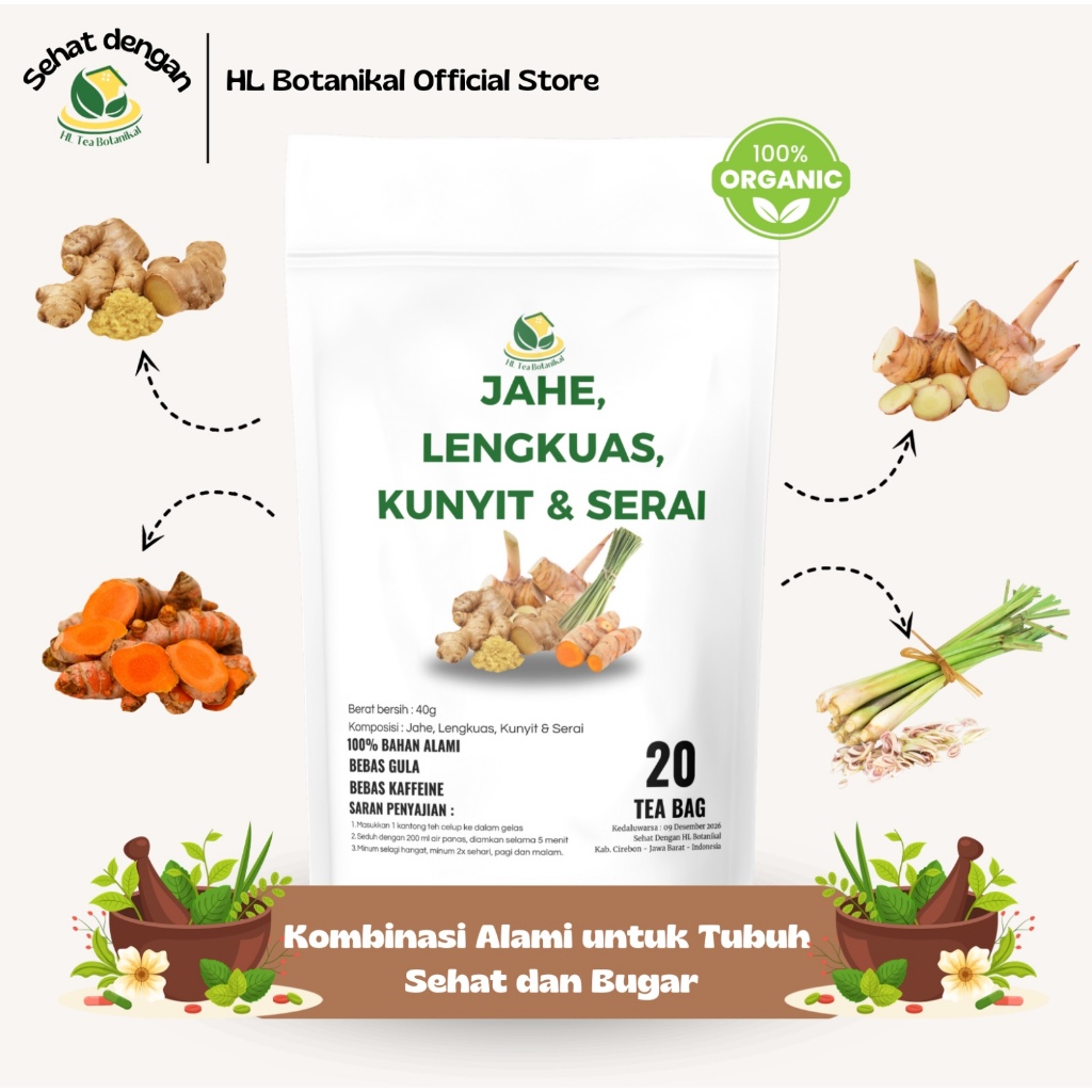 

HL Botanikal_Tea Herbal kombinasi Rasa Jahe Lengkuas Kunyit & Serai Teh Celup Alami Isi 20 Tea Bag