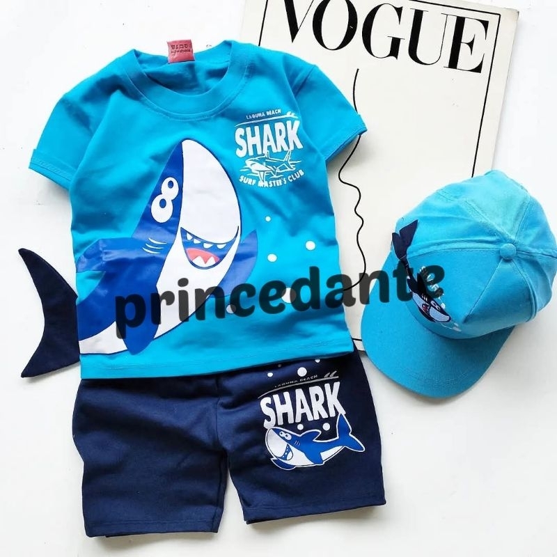 BAJU BABY SHARK ANAK LAKI LAKI SETELAN ANAK HIU 3D BAHAN  BAGUS MURAH BISA PAKAI TOPI UNTUK UMUR 1-1