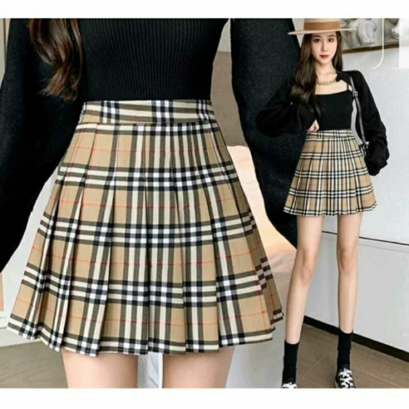 rok tennis skirt motif kotak rok rempel mini wanita korea