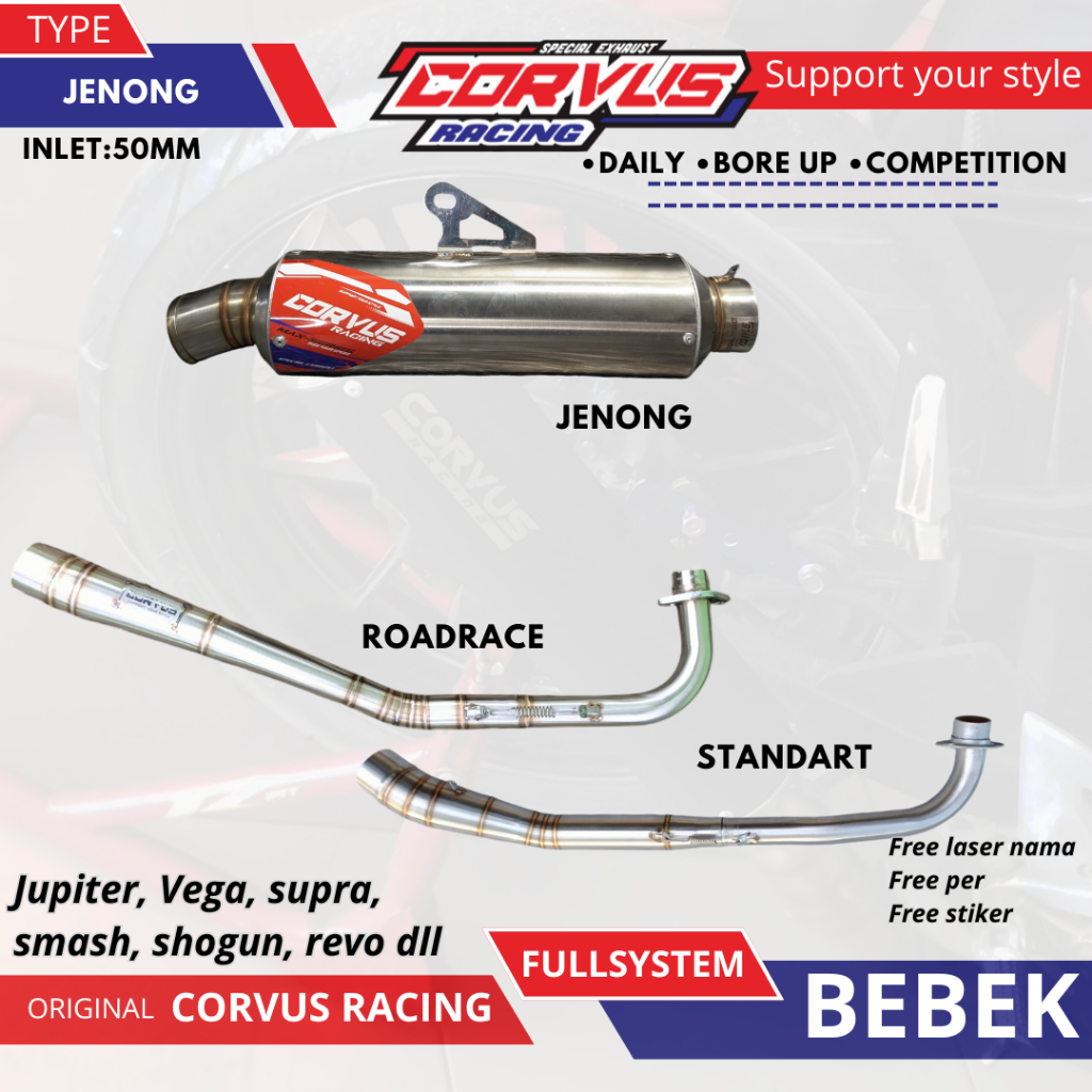 Knalpot Racing ( FULL SYSTEM BEBEK ) CORVUS RACING TYPE JENONG  SERIES – Suara BASS ADEM ULEM 50mm |