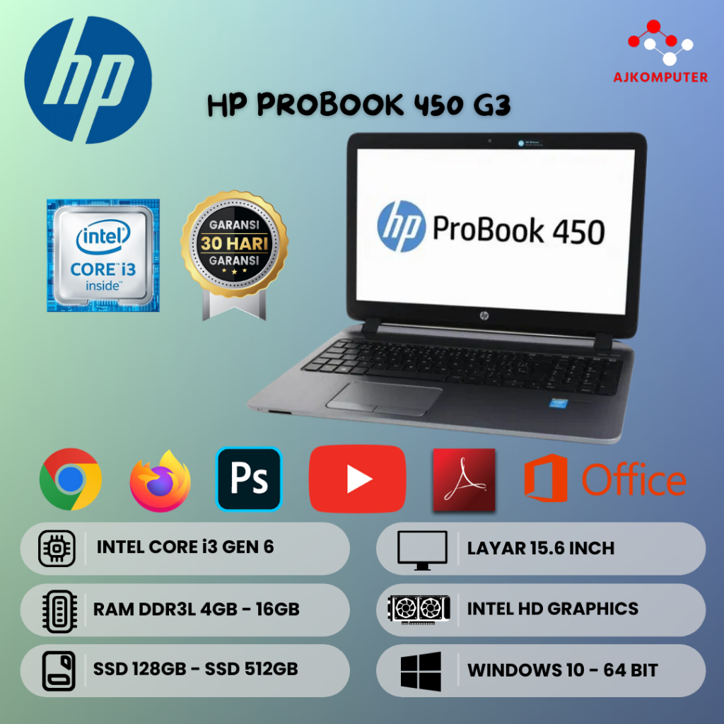 Laptop Hp Probook 450 G3 Core i3 Gen 6 Mulus Bergaransi