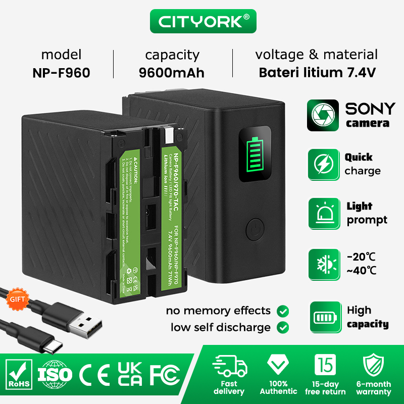 Cityork Baterai NP-F960 NP-F970 NP-F980 NP-F750 NP-F550 F960 F970 F980 F550 F750 9600mAh USB Chargin