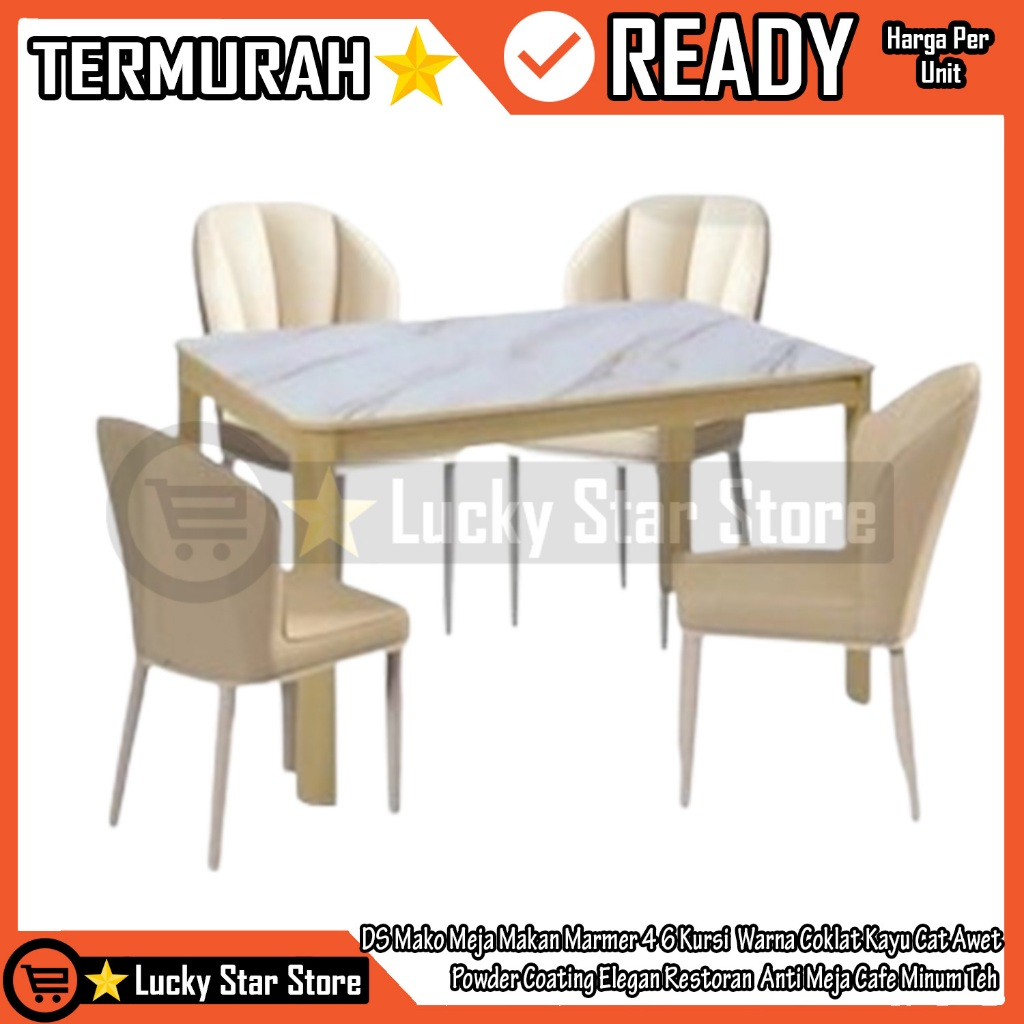 DS Mako Meja Makan Marmer 4 6 Kursi  Warna Coklat Kayu Cat Powder Coating Elegan Restoran Cafe Minum