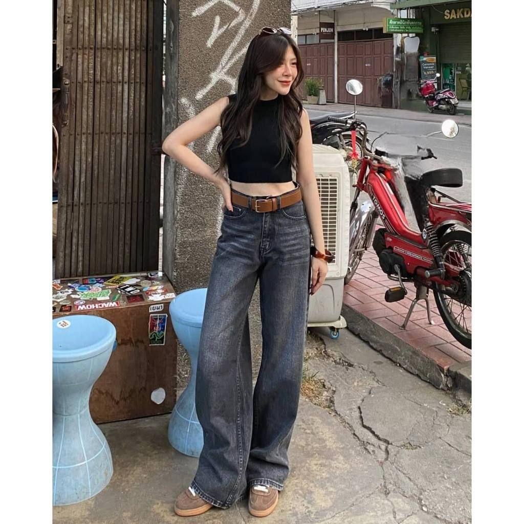 Celana Jeans Lurus Longgar Kelabu Hitam Wanita Highwaist Kulot Jeans Wanita Korean Style Import
