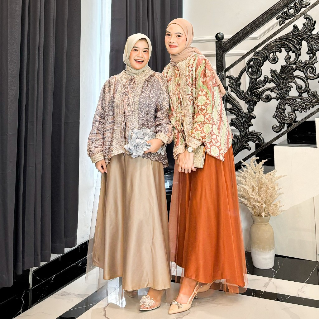 WILONA Set Blouse Lace Batik / Kutubaru Modern dan Flare Skirt Tutu / Rok Tutu Ikat Satin Kondangan 