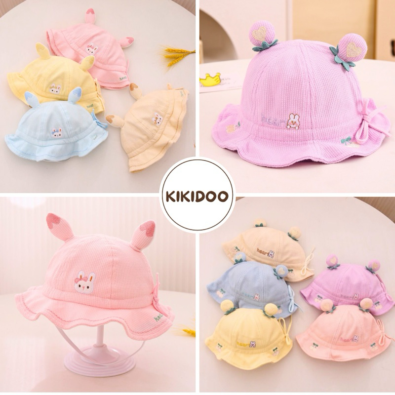 Kikidoo Topi Bucket Balita Heart Topi Pantai Anak Perempuan Tali Samping Motif Rabbit TP146
