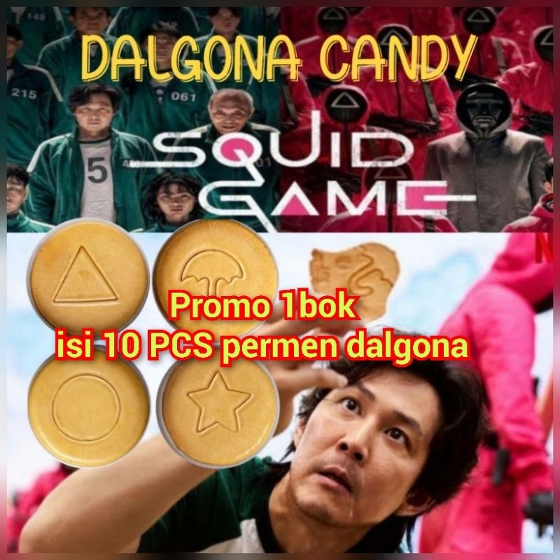 

PROMO PERMEN DALGONA SQUID GAME CANDY VIRAL MURAH isi 10 PCS 1 BOX