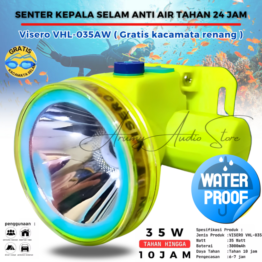 Senter Kepala Selam / headlamp diving Anti Air VISERO VHL-035 AW 35W Headlamp Tahan 24 Jam Senter Ke