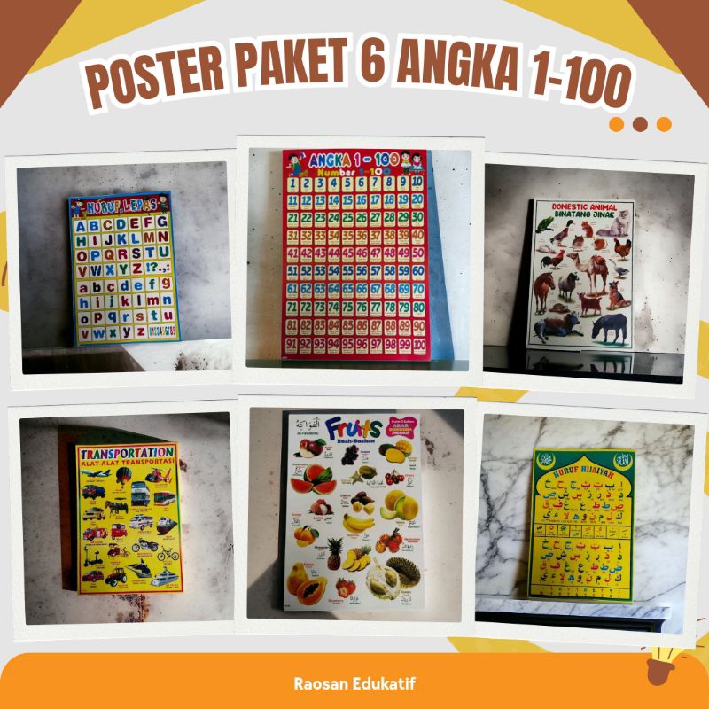 Paket 6 Poster Edukasi Anak Lengkap Belajar Gambar Dinding Estetik Buah Angka Binatang Huruf
