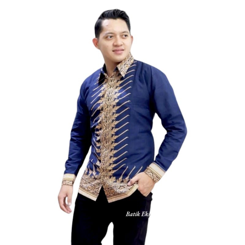 BAJU KEMEJA BATIK pria Lengan panjang warna biru dongker lapis furing