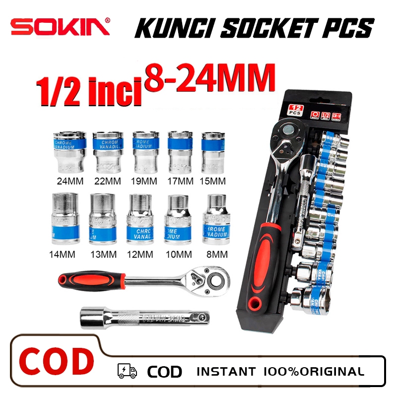 SOKIN  1/2in Kunci Set 12pcs Socket Sok CR-V  Kunci Sok Wrench
