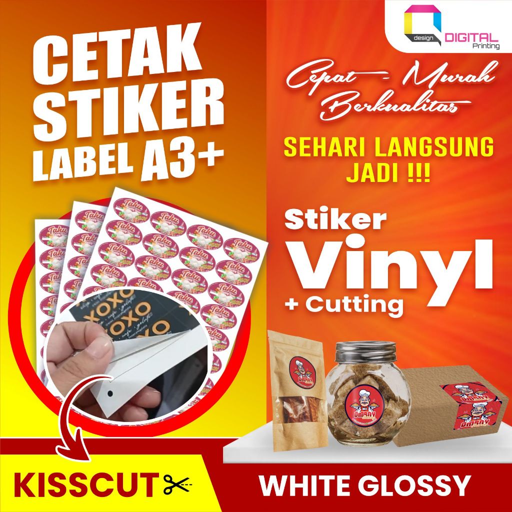 

STIKER VINYL GLOSY A3+ / VINYL PUTIH - CUSTOM + CUTTING NON CUTTING / WATERPROFF FULL COLOUR