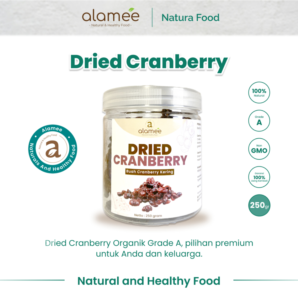 

ALAMEE Cranberry Kering Cemilan Buah Sehat Rendah Kalori Dried Cranberry 100% Natural Premium 250gr