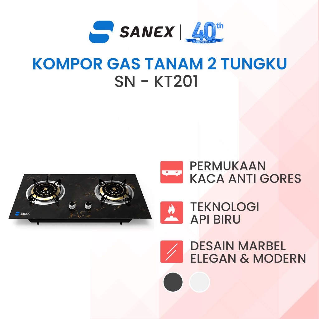 Kompor Tanam Sanex SN-KT201 2 Tungku Api Biru Tornado, Kaca Tebal Anti Gores, Putih/Hitam