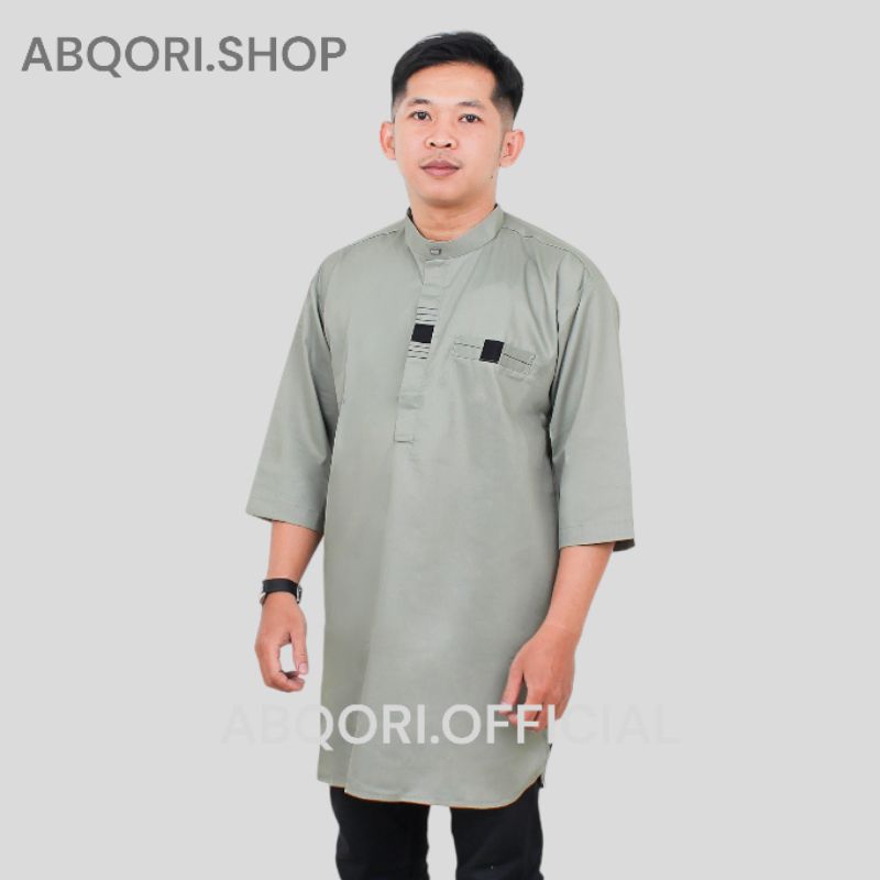 Baju Koko Pria Dewasa Model Kurta Warna Sage Lengan 3/4 Bahan Katun Toyobo Baju koko kurta lengan 3/