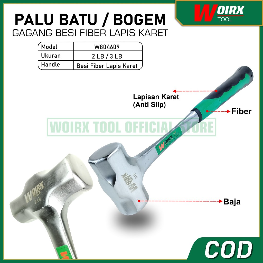 WOIRX TOOL Palu Batu Palu Besi Bogem 2LB 1kg 3LB 1.5kg Gagang Besi Fiber Lapis Karet